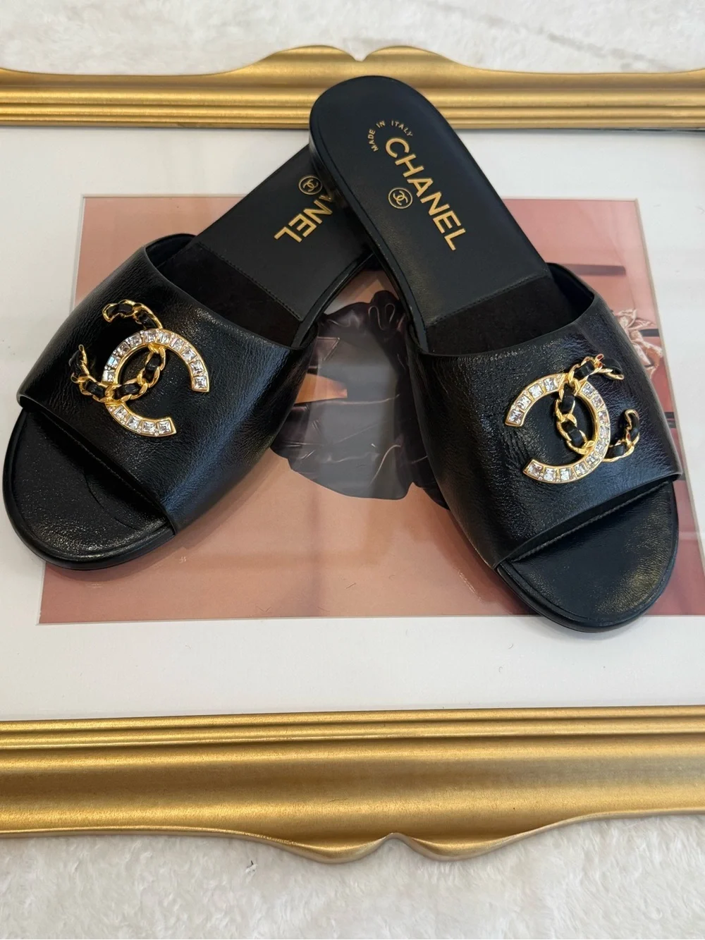 CHANEL Black Leather Crystal CC Chain Slide sandals size 38